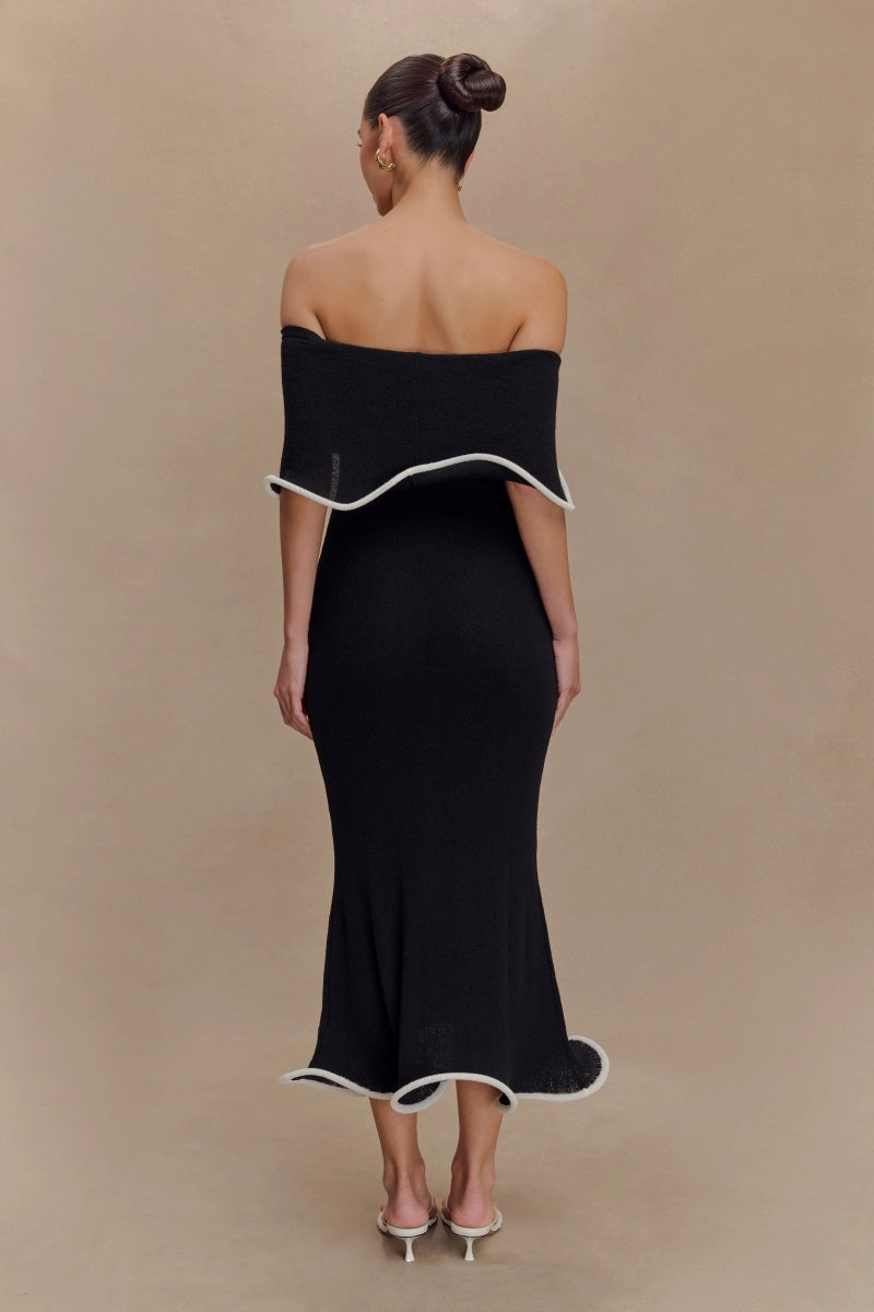 Off-The-Shoulder Contrast Ruffle Midi Dress