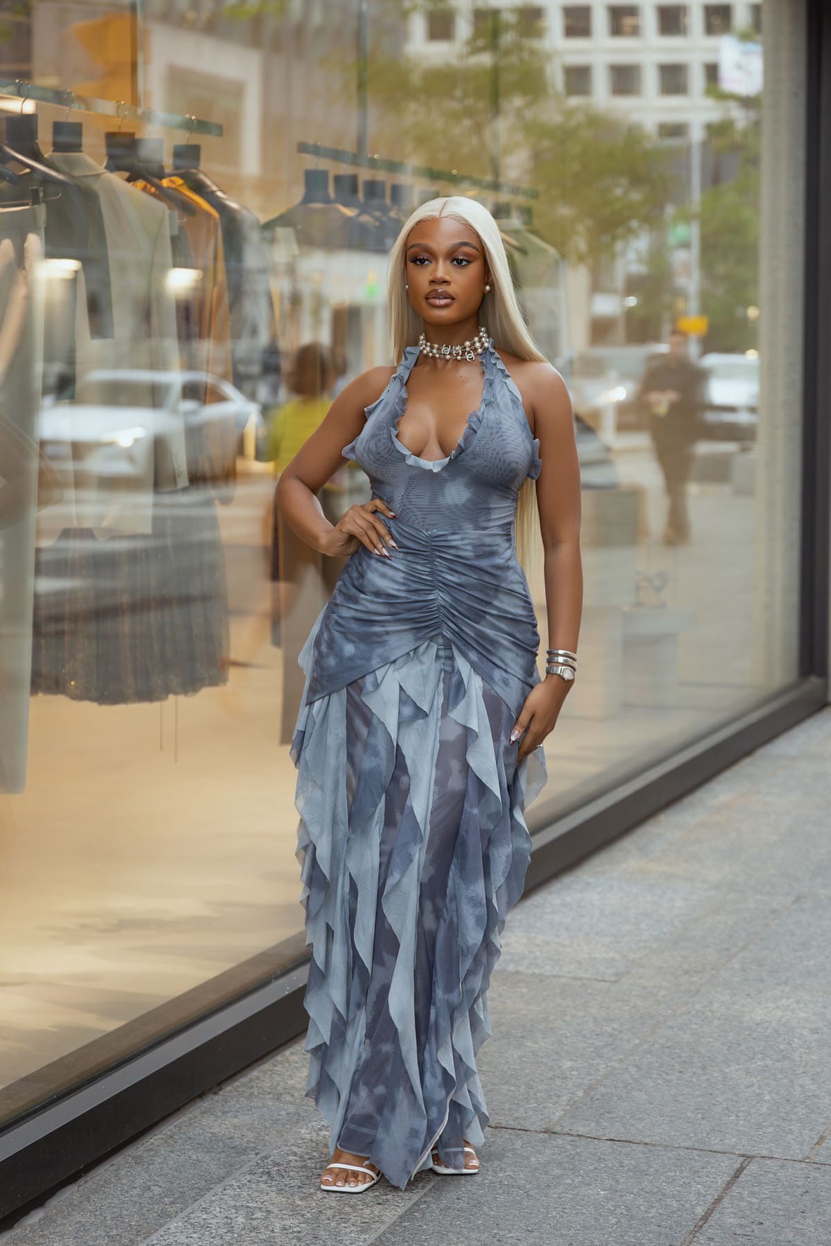 Misty Blue Pleated Halter Flowing Maxi Dress