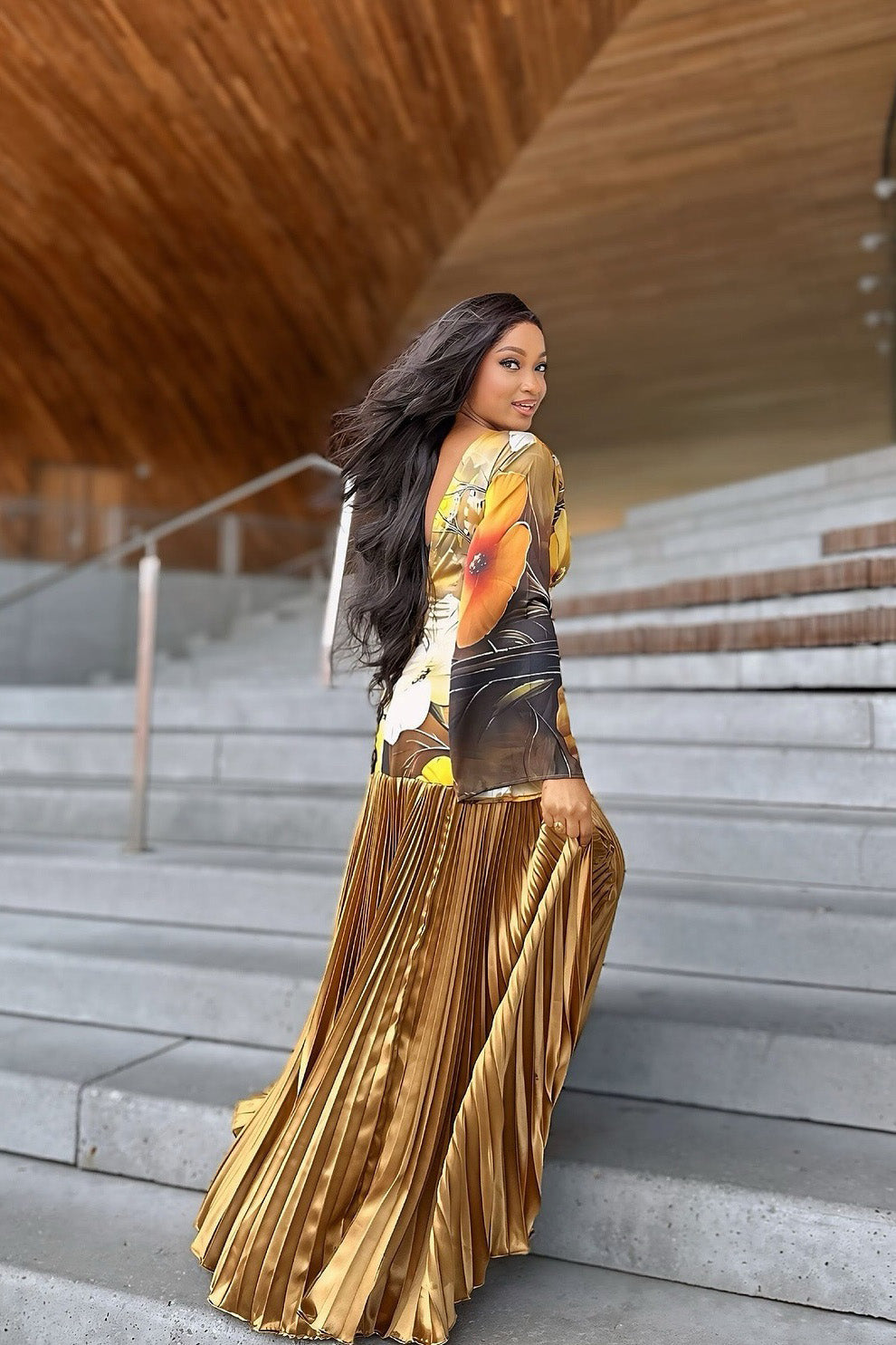 Retro Bell Sleeve Gold Maxi Dress