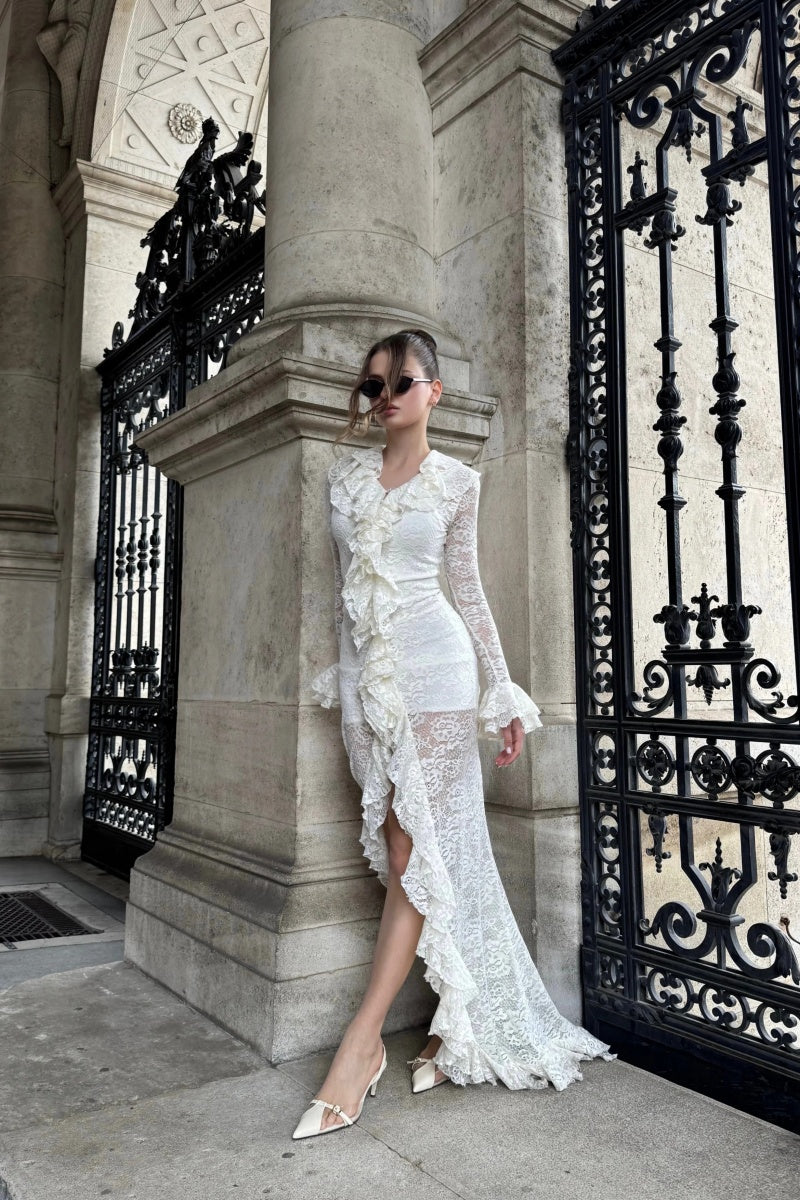 Lace-Paneled High-Waisted Slim-Fit Irregular Maxi Dress