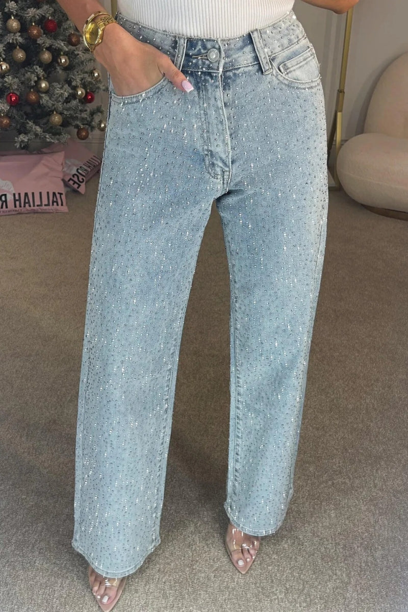 Høj Talje Diamanté Lige Ben Jeans