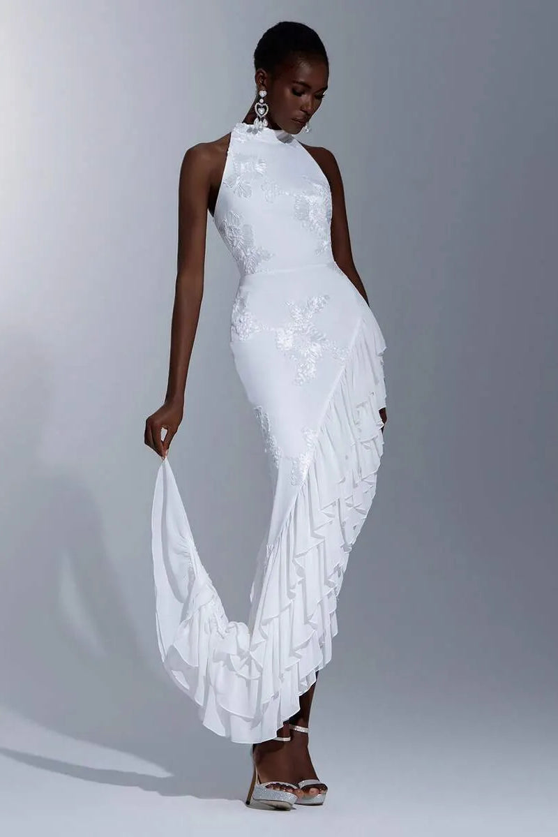 Diagonal Draped Ruffle Train Statement Party Maxi Dress