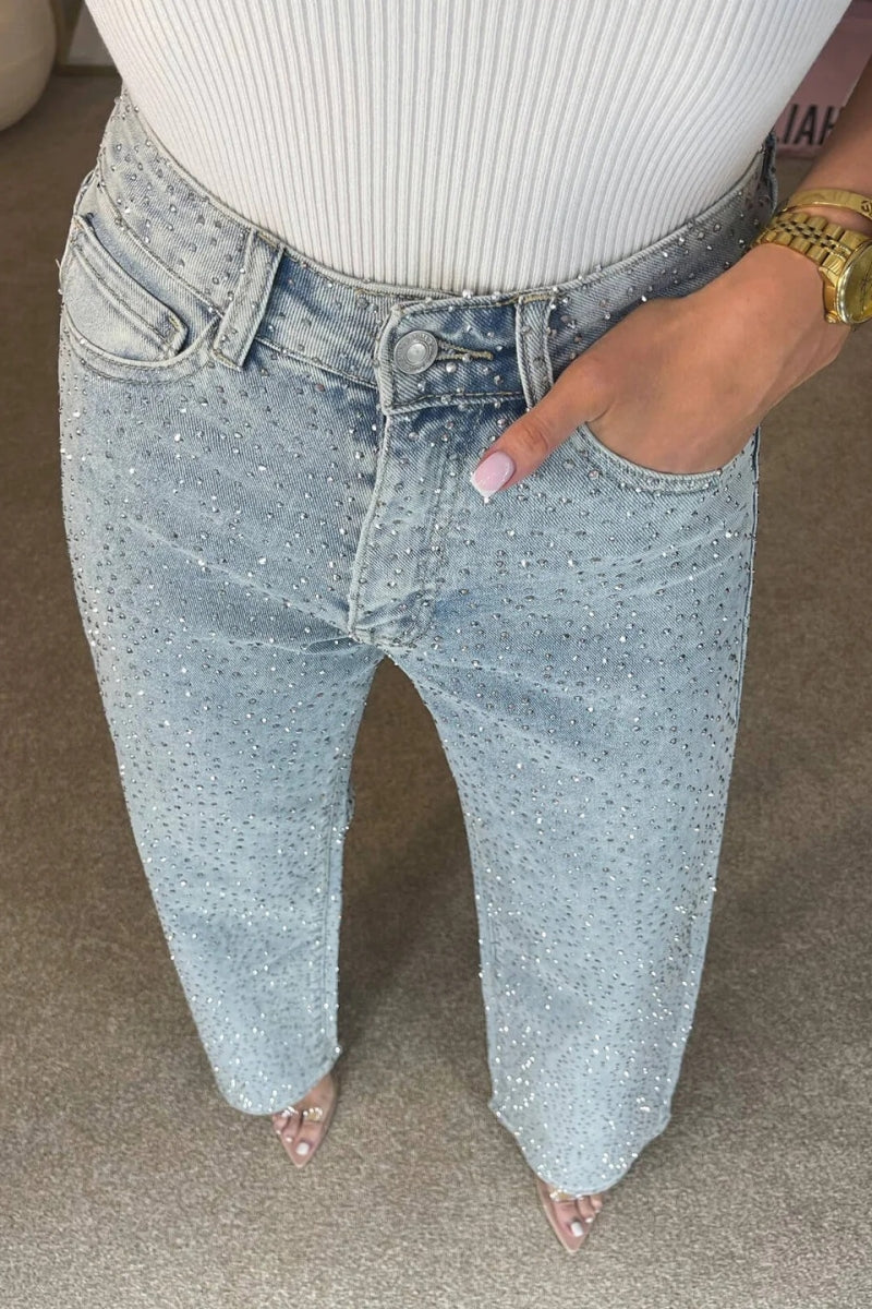 Høj Talje Diamanté Lige Ben Jeans