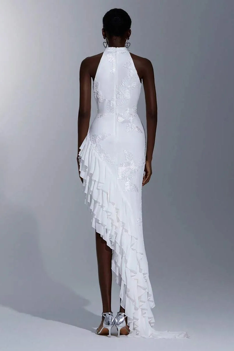 Diagonal Draped Ruffle Train Statement Party Maxi Dress