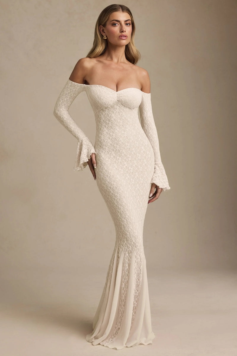 Ivory Ruffled Off-The-Shoulder Lace Maxi Dress