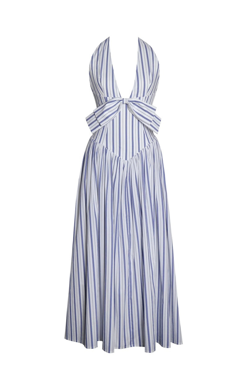 Navy Striped Halter Maxi Dress