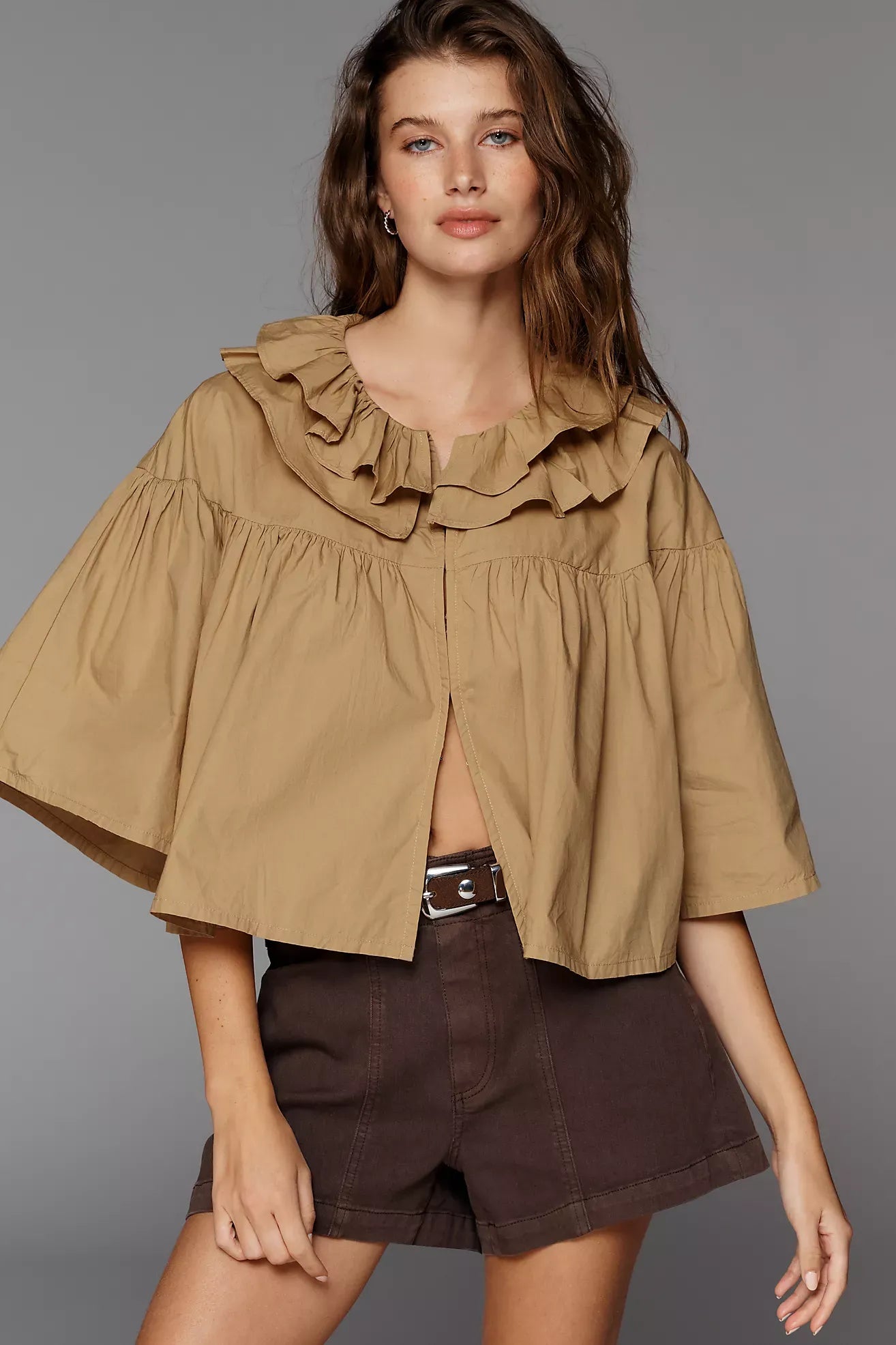 Khaki gekrauselte Blouse mat Halskraus, kuerz geschnidden
