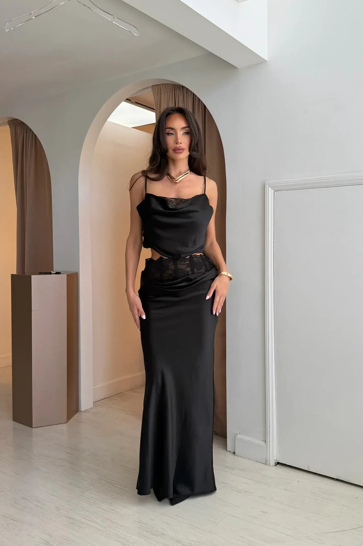 Black Lace Satin Skirt Set