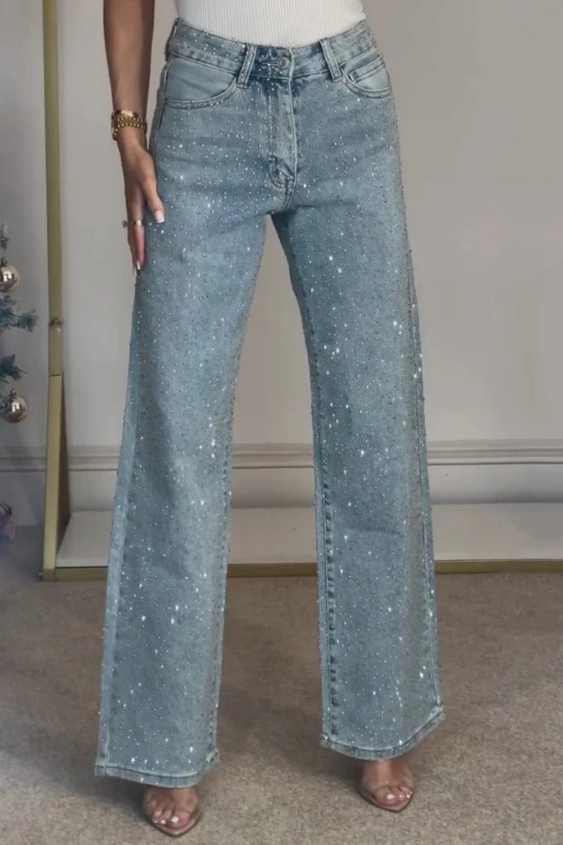 Héich Taille Diamanté Straight Leg Jeans