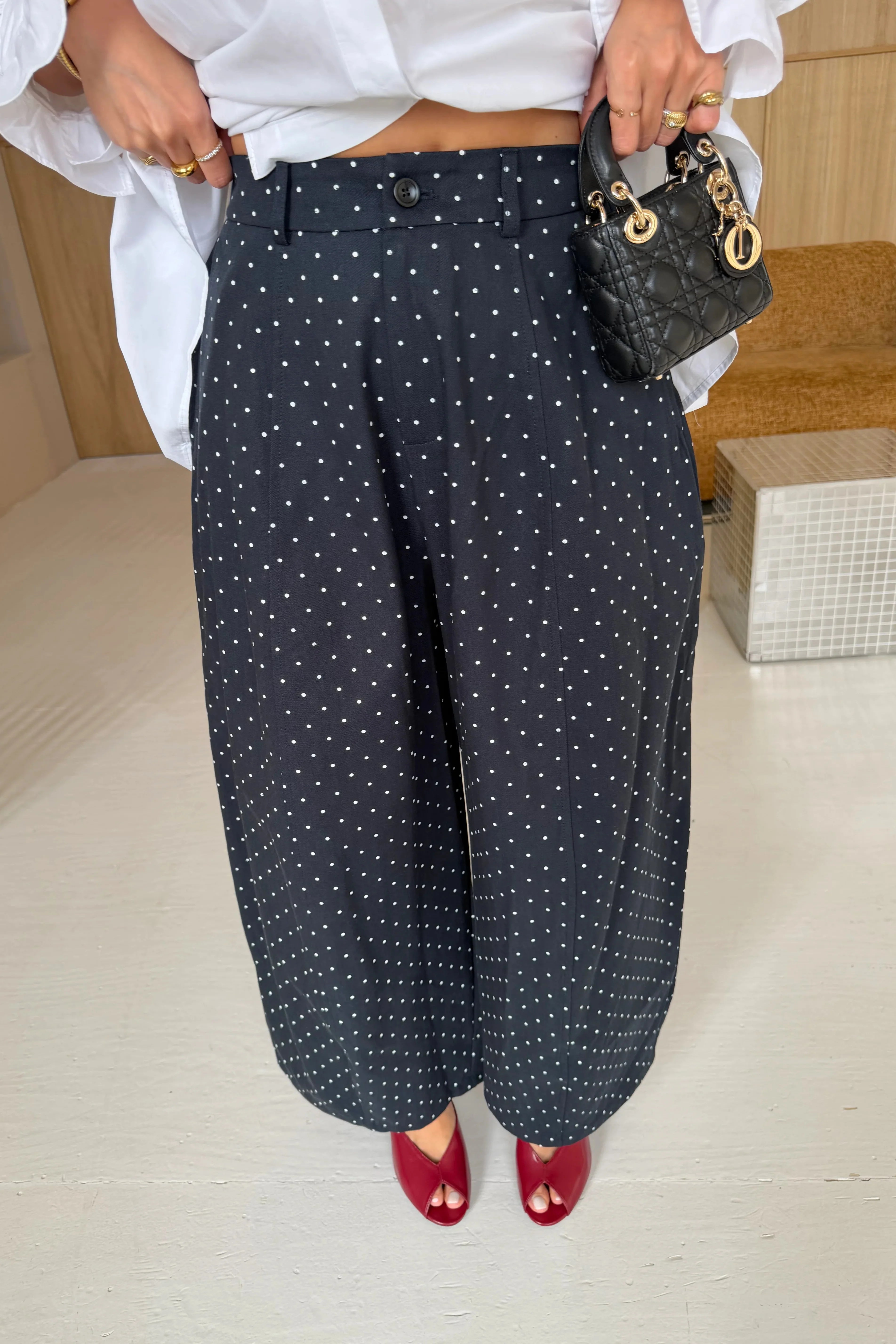 Lacivert Puantiyeli Geniş Paça Pantolon