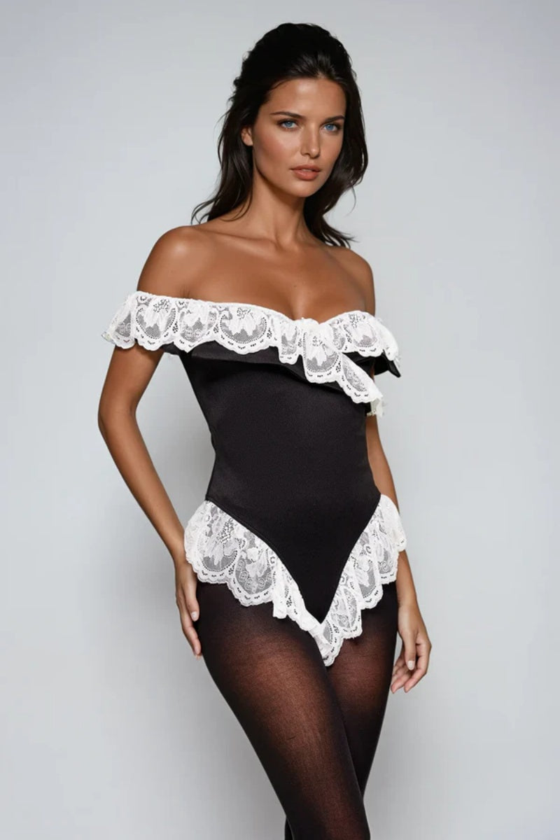 Off-the-shoulder lace crossover bodysuit