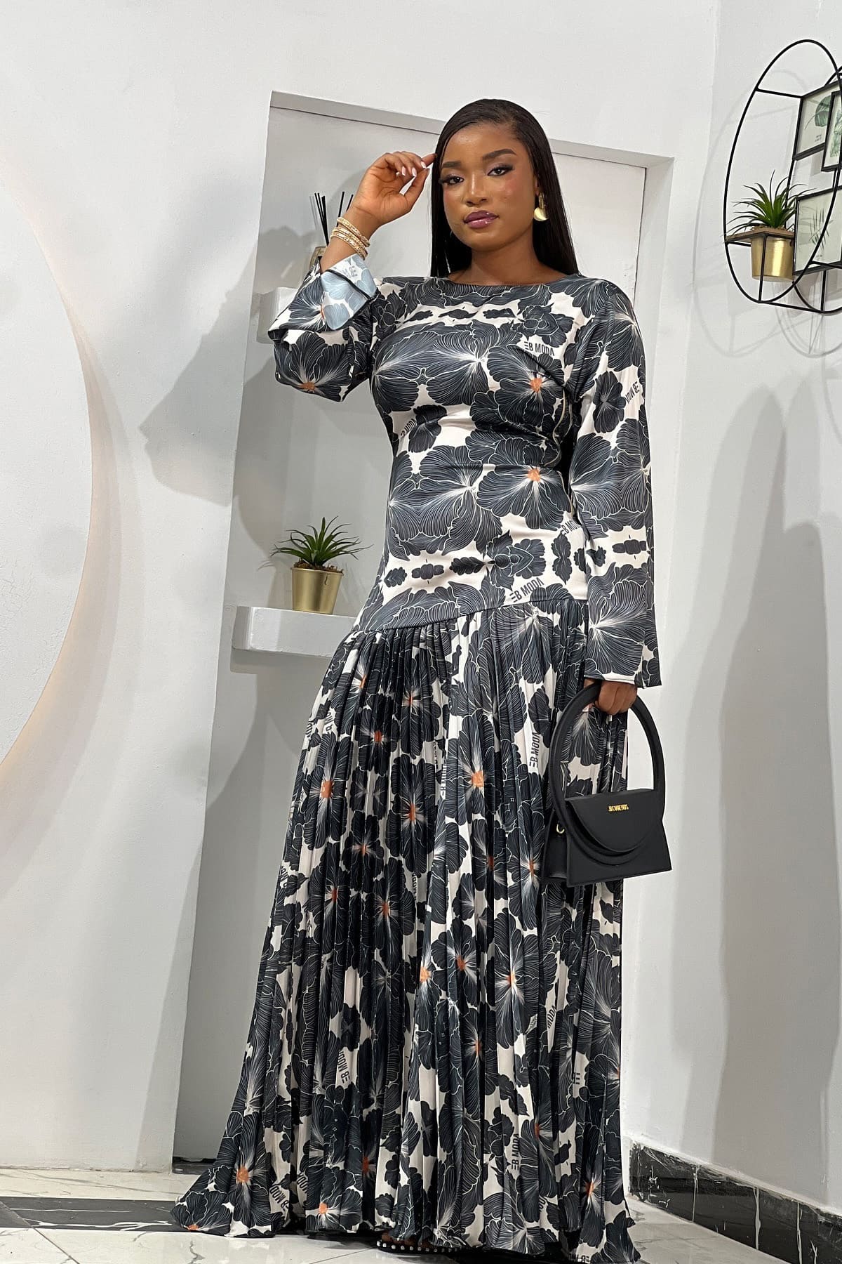 Luxe Deep-V Back Printed Pleated Maxi Dress