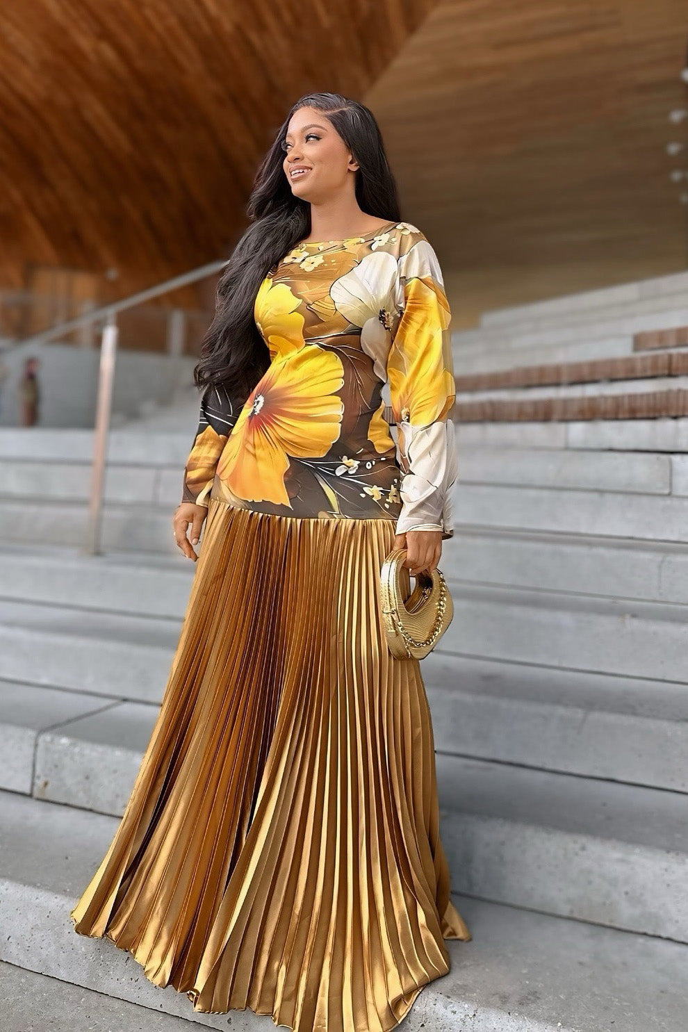 Retro Bell Sleeve Gold Maxi Dress
