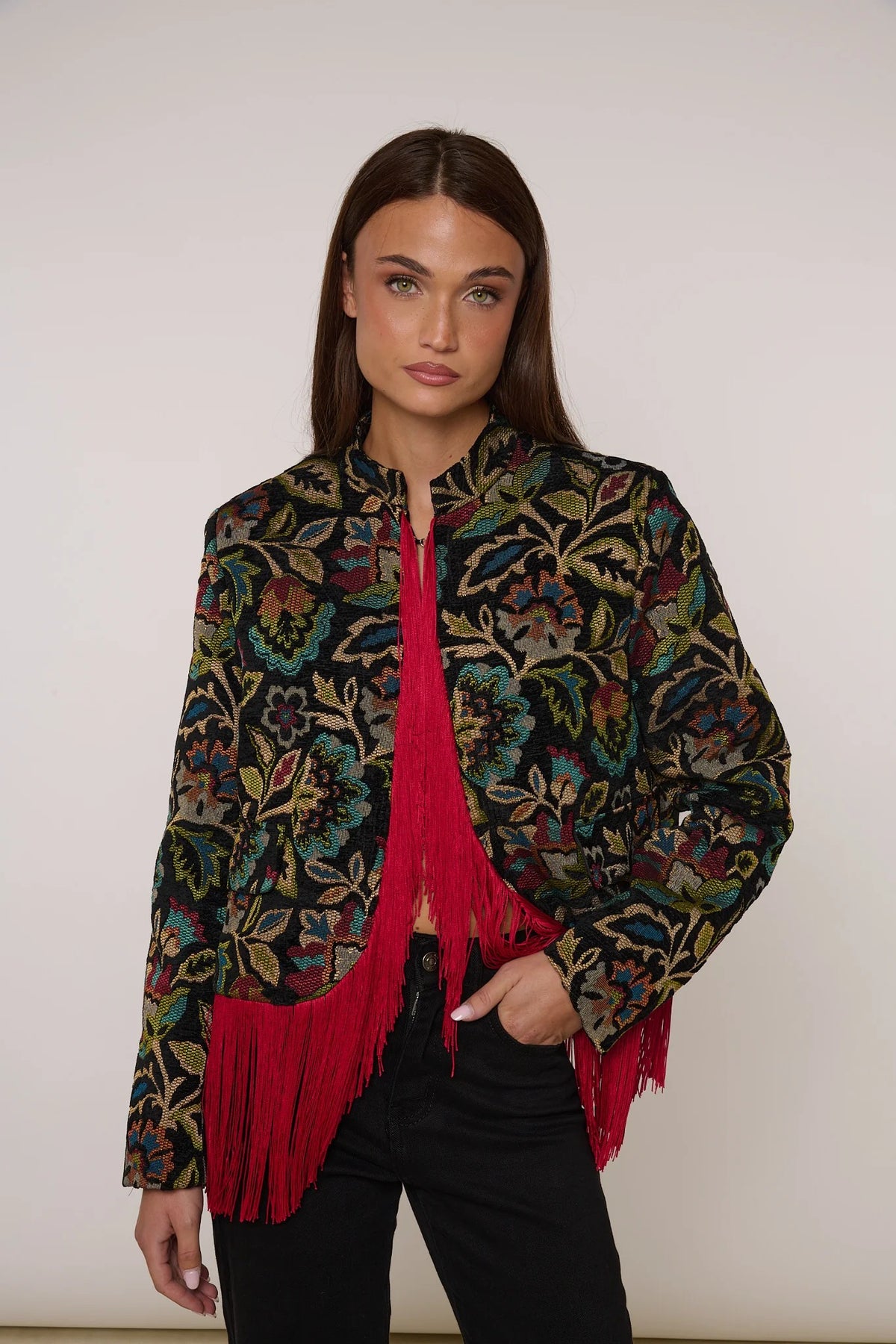 Vintage Floral Red Fringe Stand Collar Short Jacket