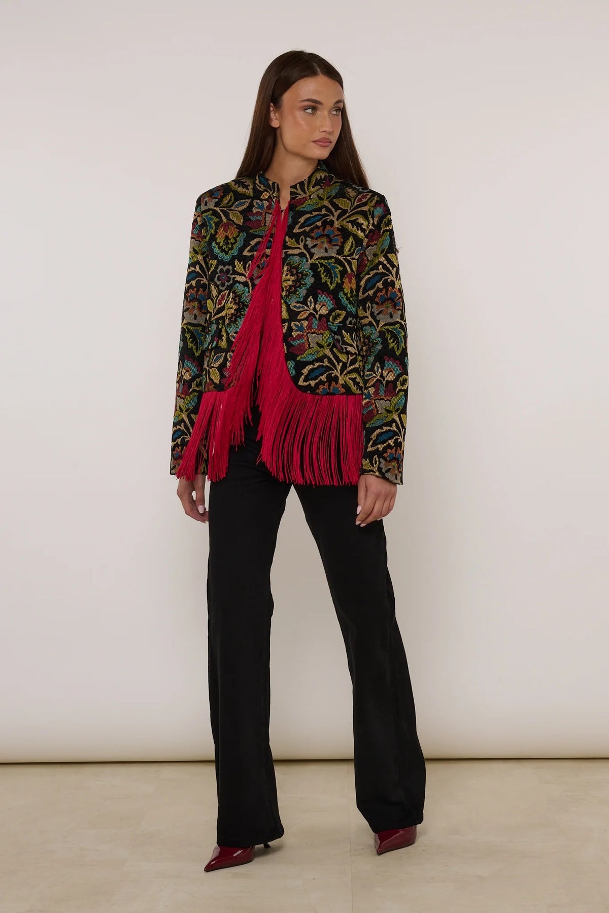 Vintage Floral Red Fringe Stand Collar Short Jacket