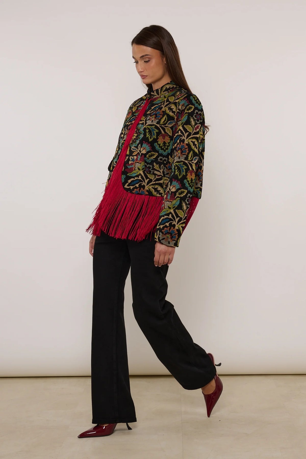 Vintage Floral Red Fringe Stand Collar Short Jacket