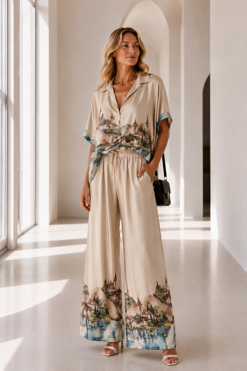 Set camicia e pantaloni a gamba larga in stile acquerello Town