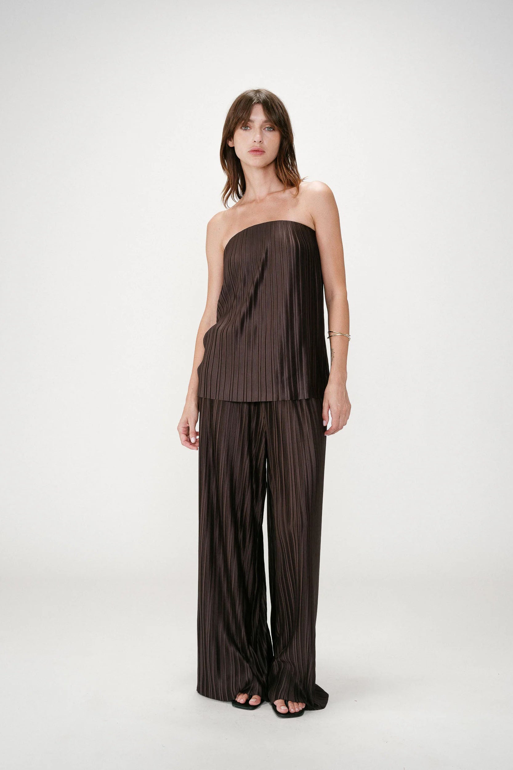 Coffee Brown Gloss Pleated Resort Pants Set
