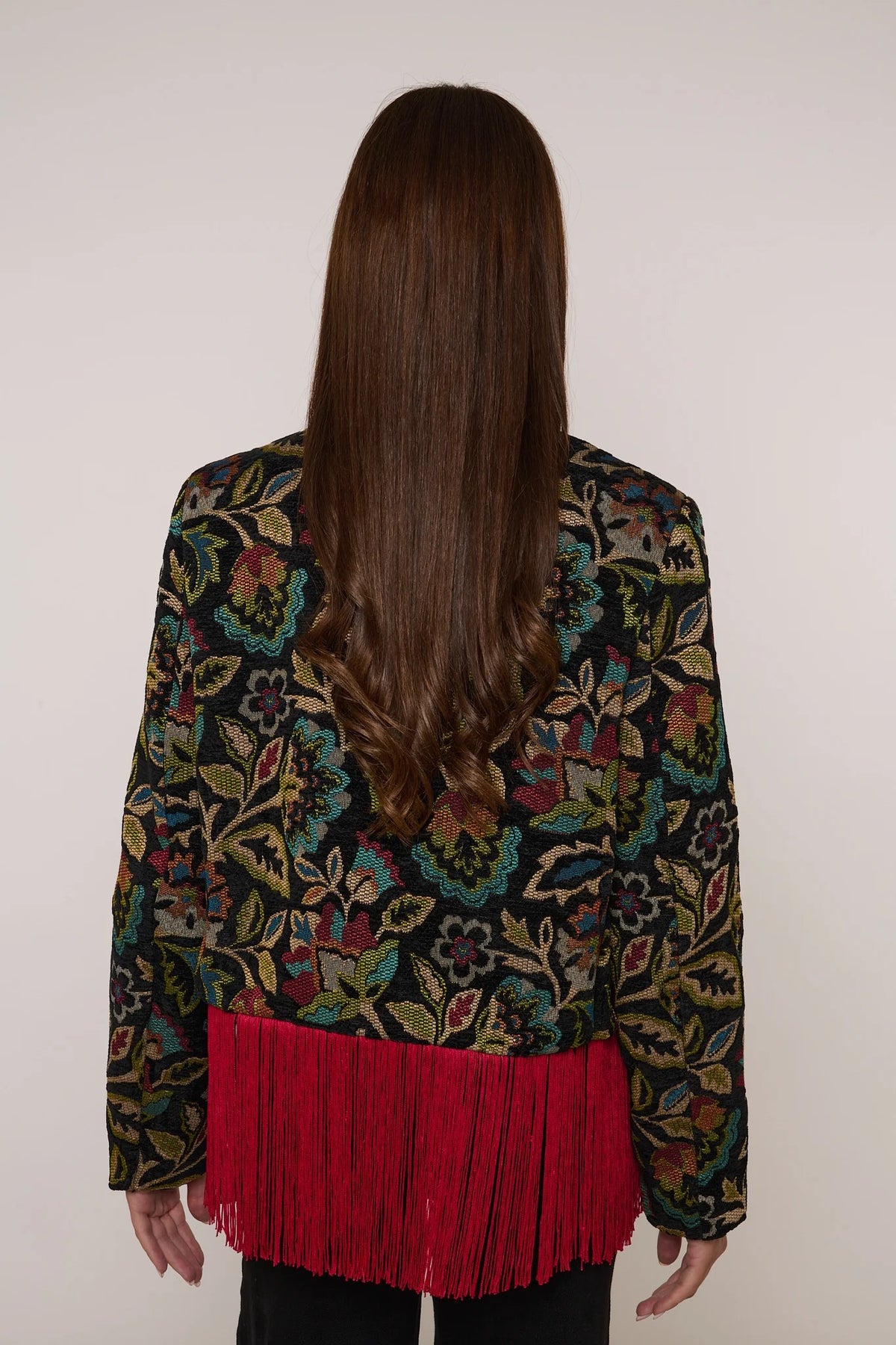 Vintage Floral Red Fringe Stand Collar Short Jacket