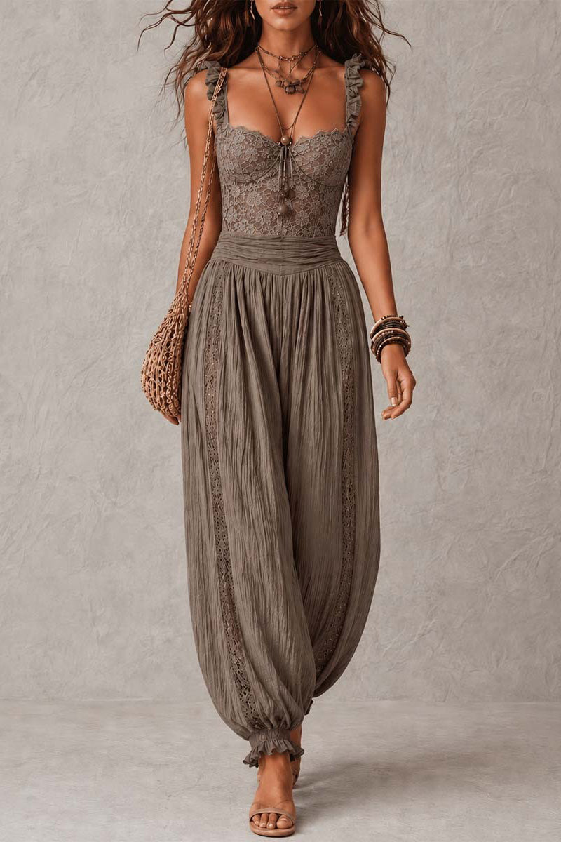 Set aus grauem Spitzen-Bandeau und plissierter Baumwoll-Haremshose