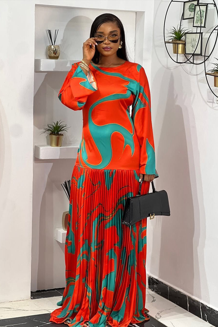 Tropical Wave Pleated Maxi Dress