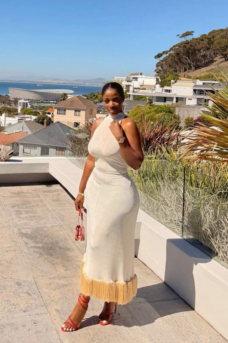 Santorini White Tassel Halter Maxi Dress