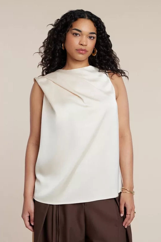 Optesch wäissen Top ouni Äerm mat Fransen a Cape-Stil