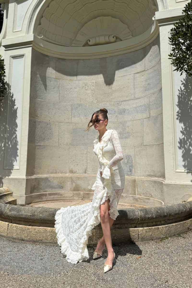 Lace-Paneled High-Waisted Slim-Fit Irregular Maxi Dress