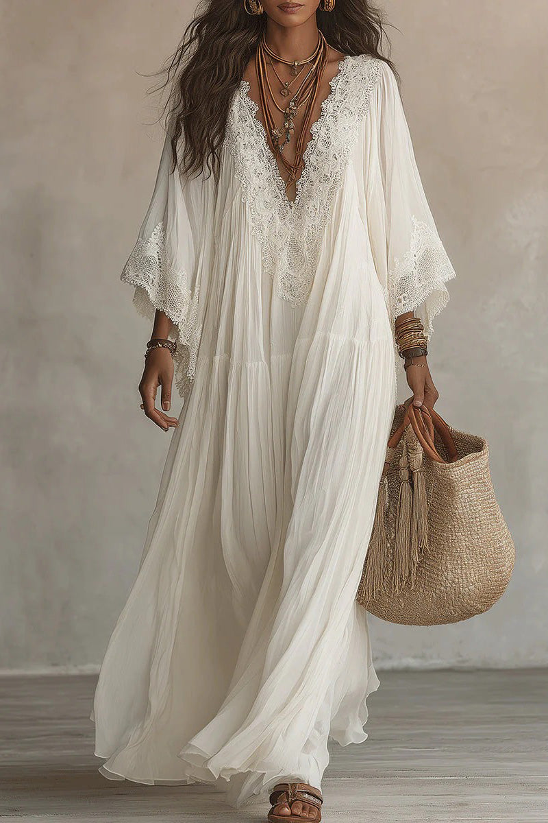 White Lace V-neck Batwing Sleeve Chiffon Maxi Dress