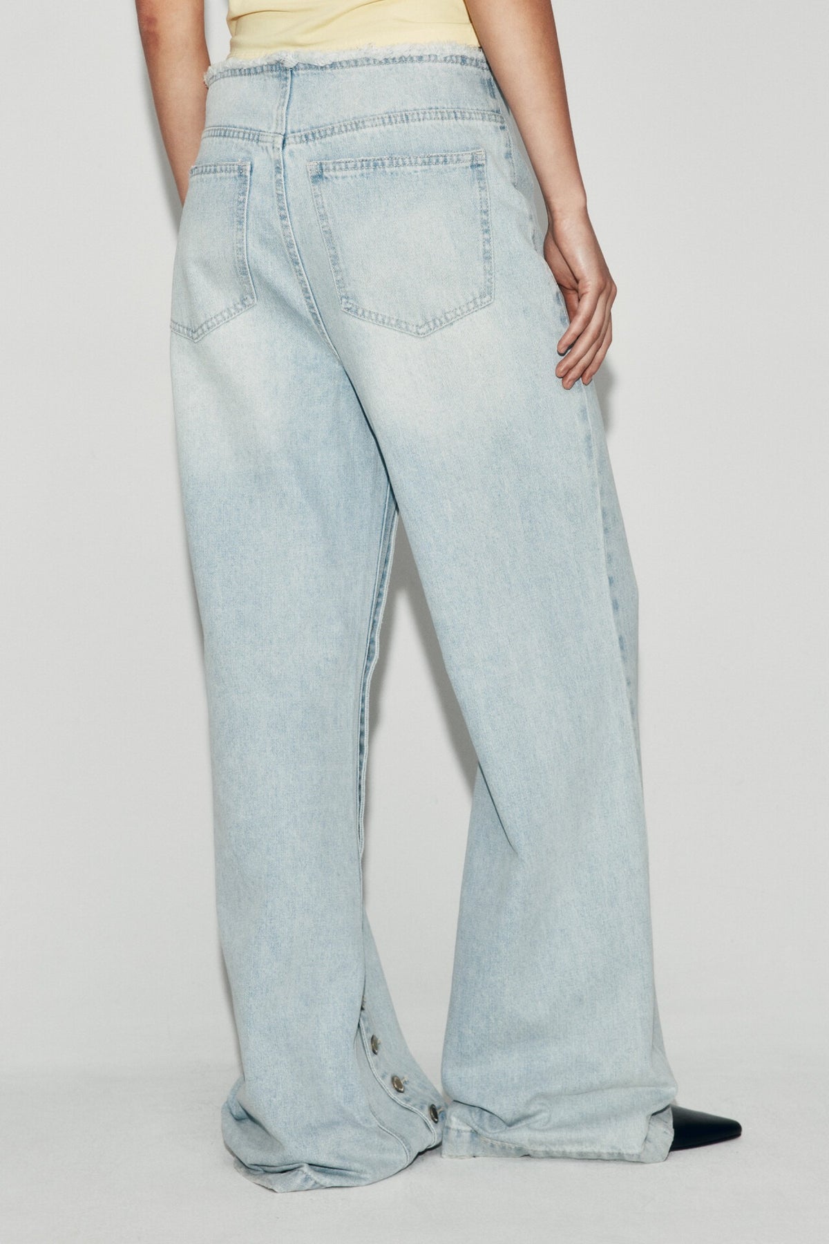 Side Button Light Wash Flared Pants