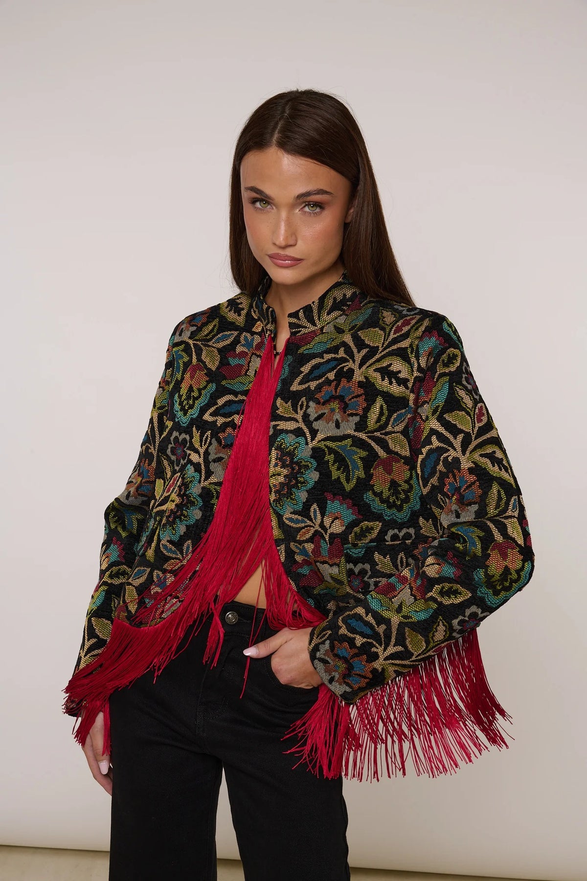 Vintage Floral Red Fringe Stand Collar Short Jacket