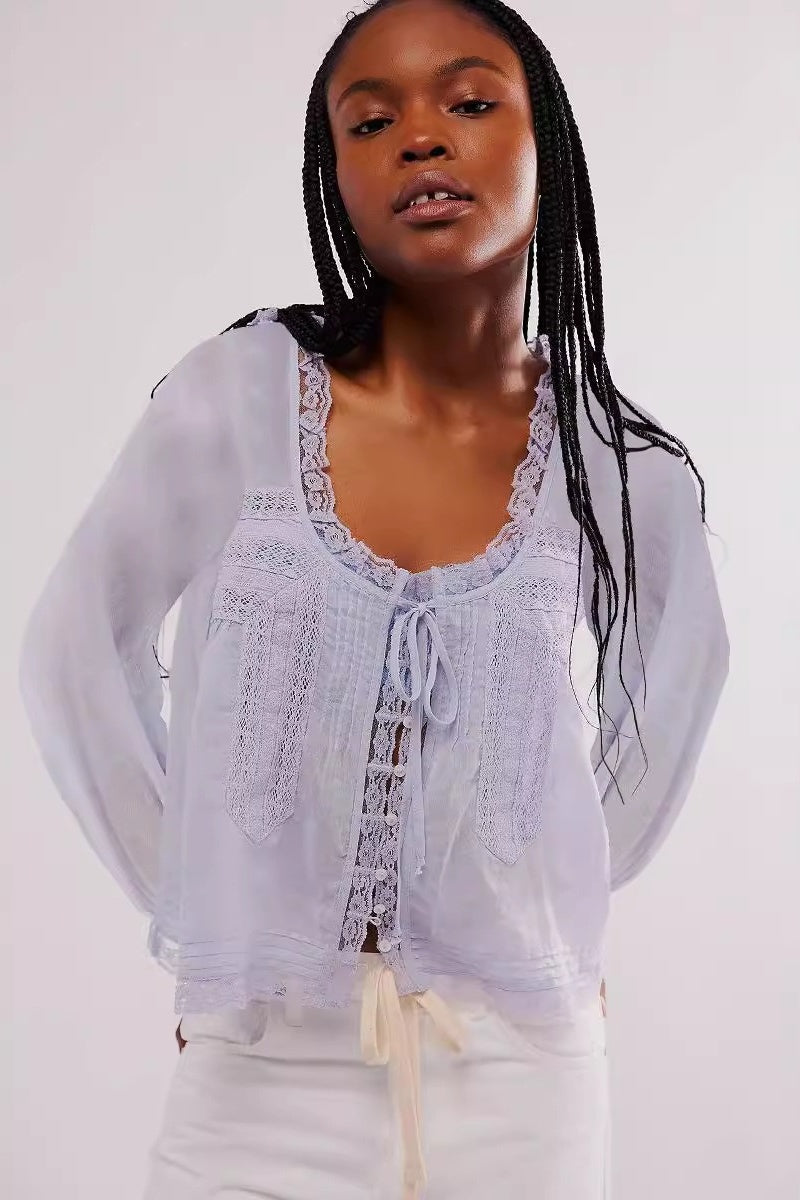 Camicia retrò in pizzo con bottoni