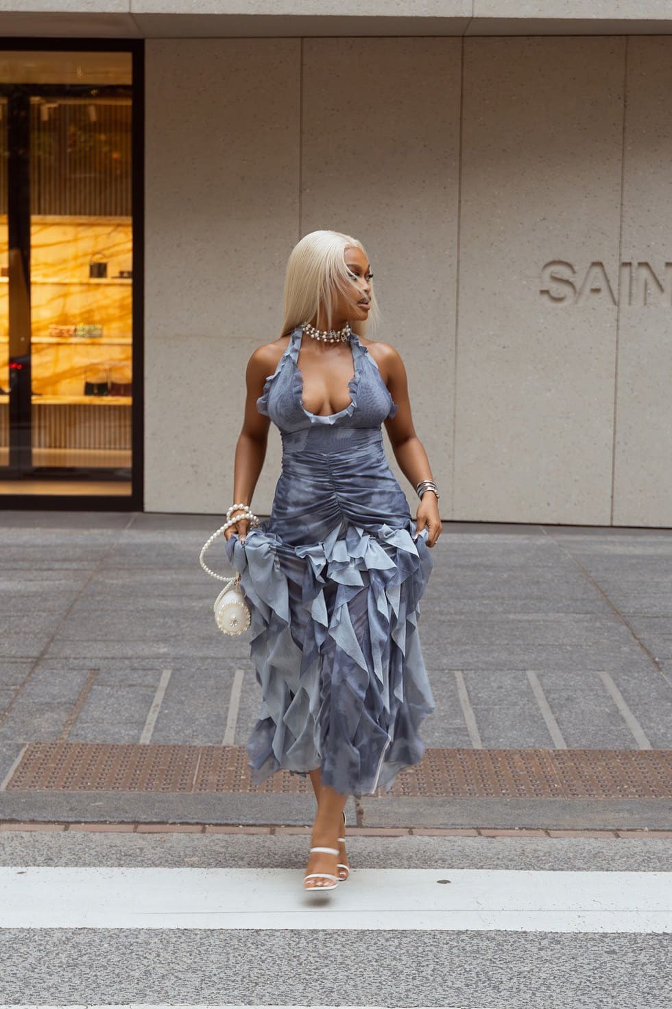 Misty Blue Pleated Halter Flowing Maxi Dress