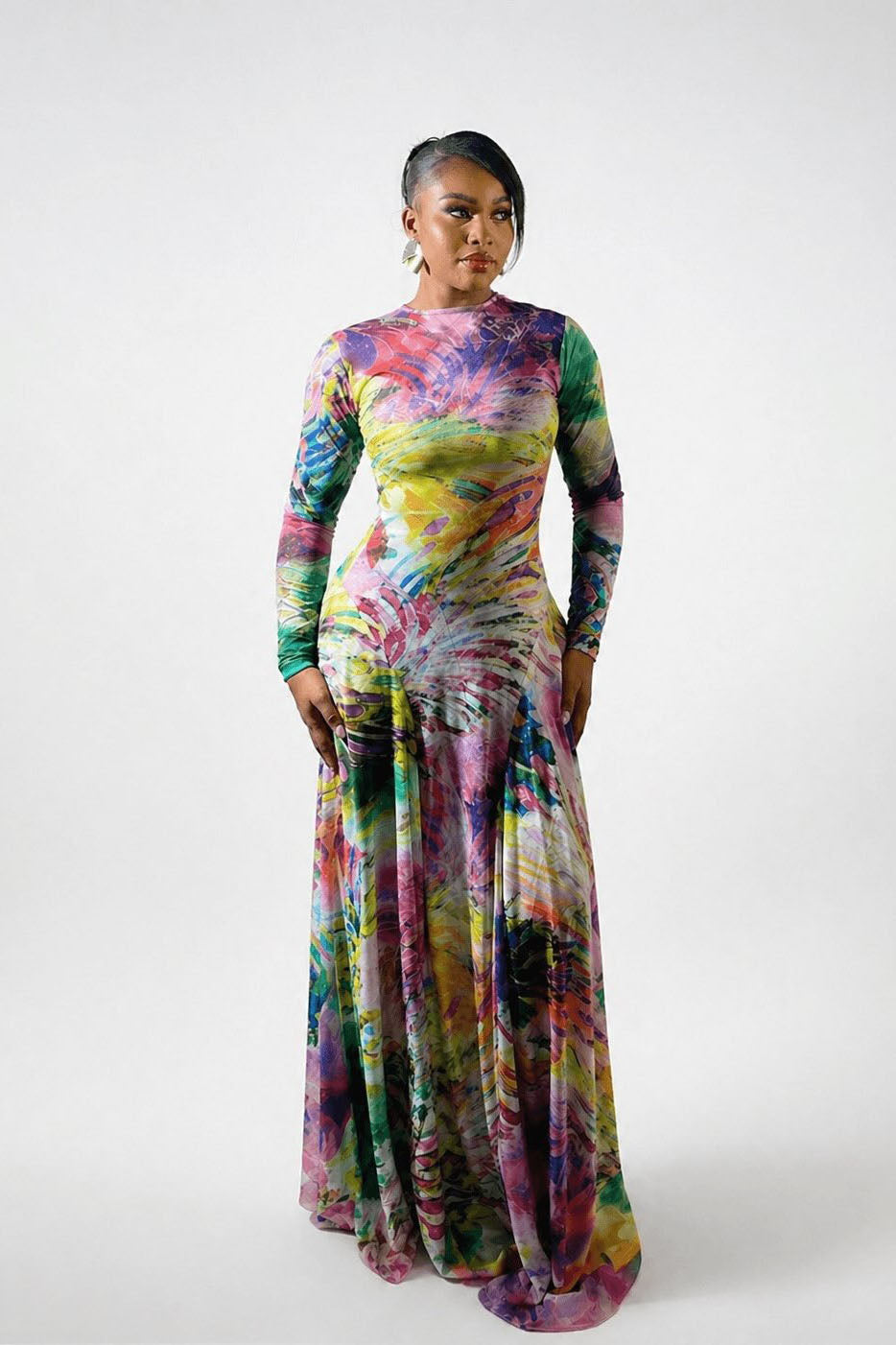 Multicolor Watercolor Form-Fitting Maxi Dress