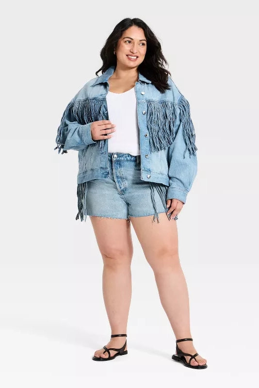 Ternet oversized jakke med revers og ternede frynser