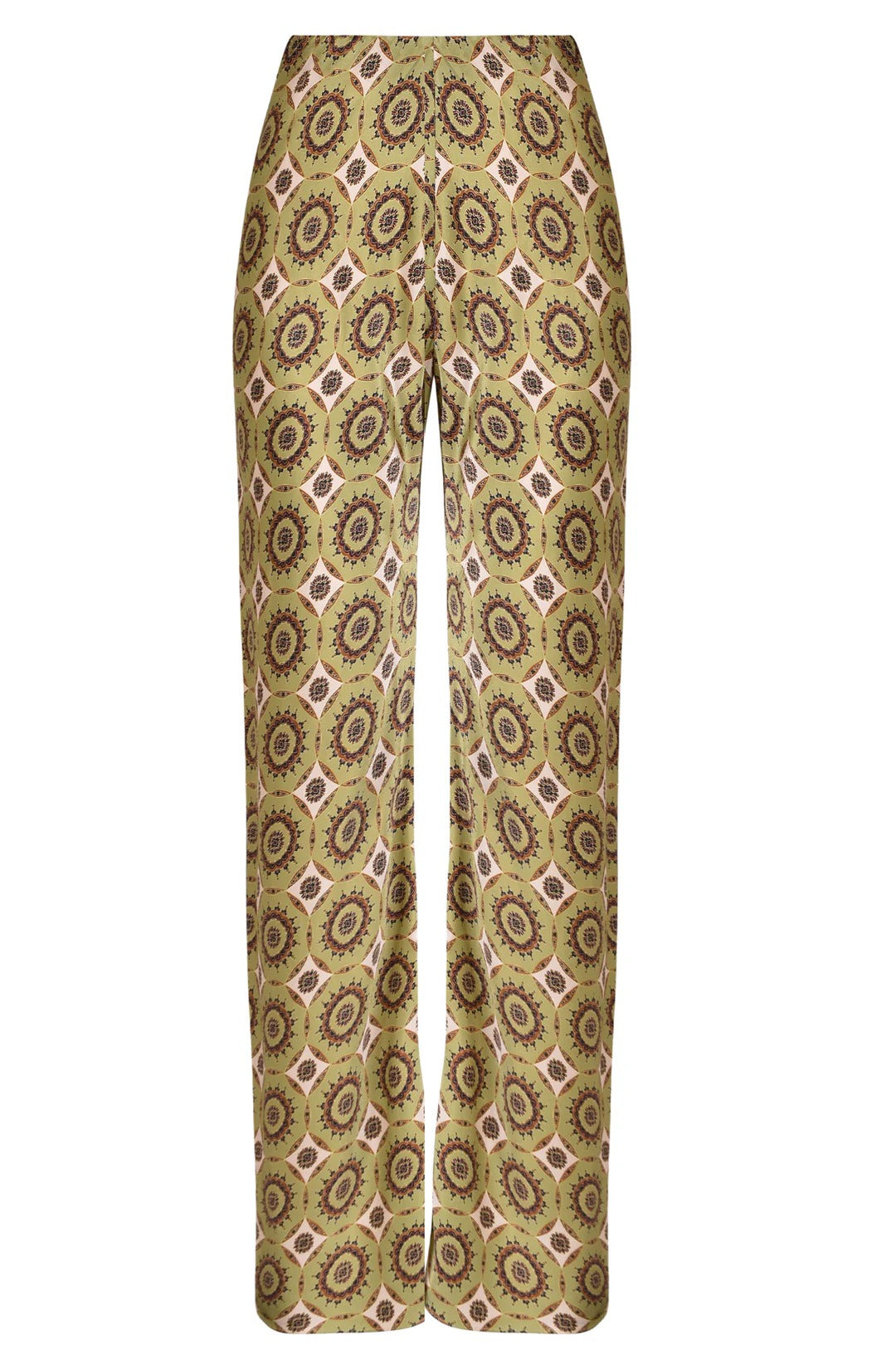 Pantaloni svasati in satin stampato taglio diagonale