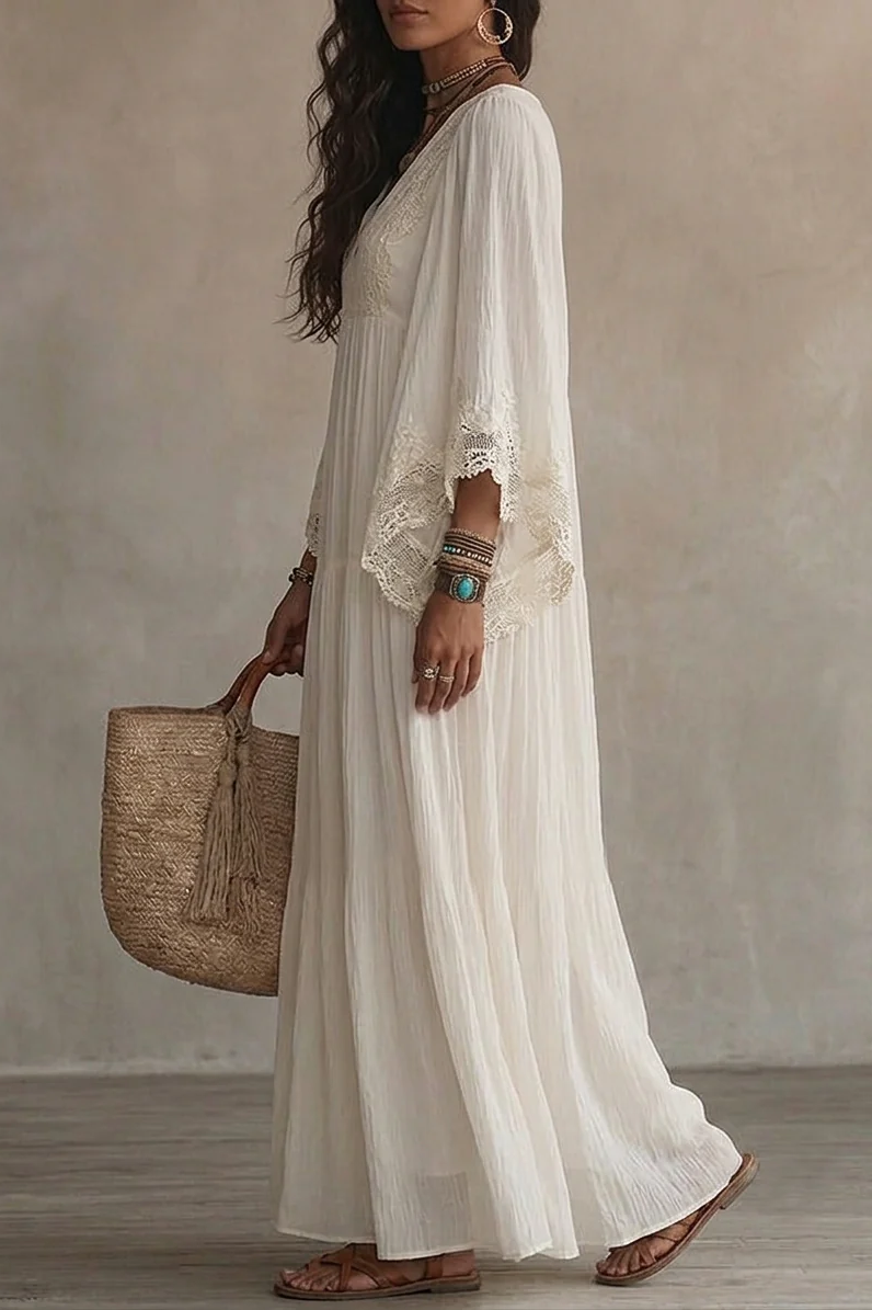 Weißes Spitzen-Maxikleid aus Chiffon mit V-Ausschnitt und Fledermausärmeln
