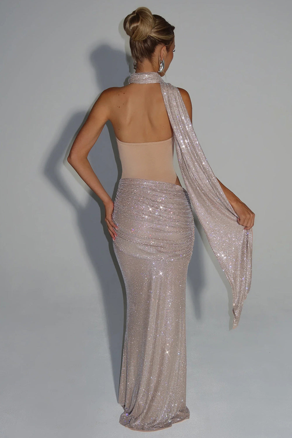 Nude Strapless Ruched Mesh Maxi Dress