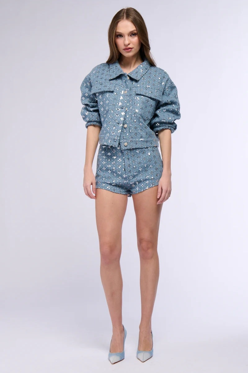 Textured Sequined Denim Mini Set
