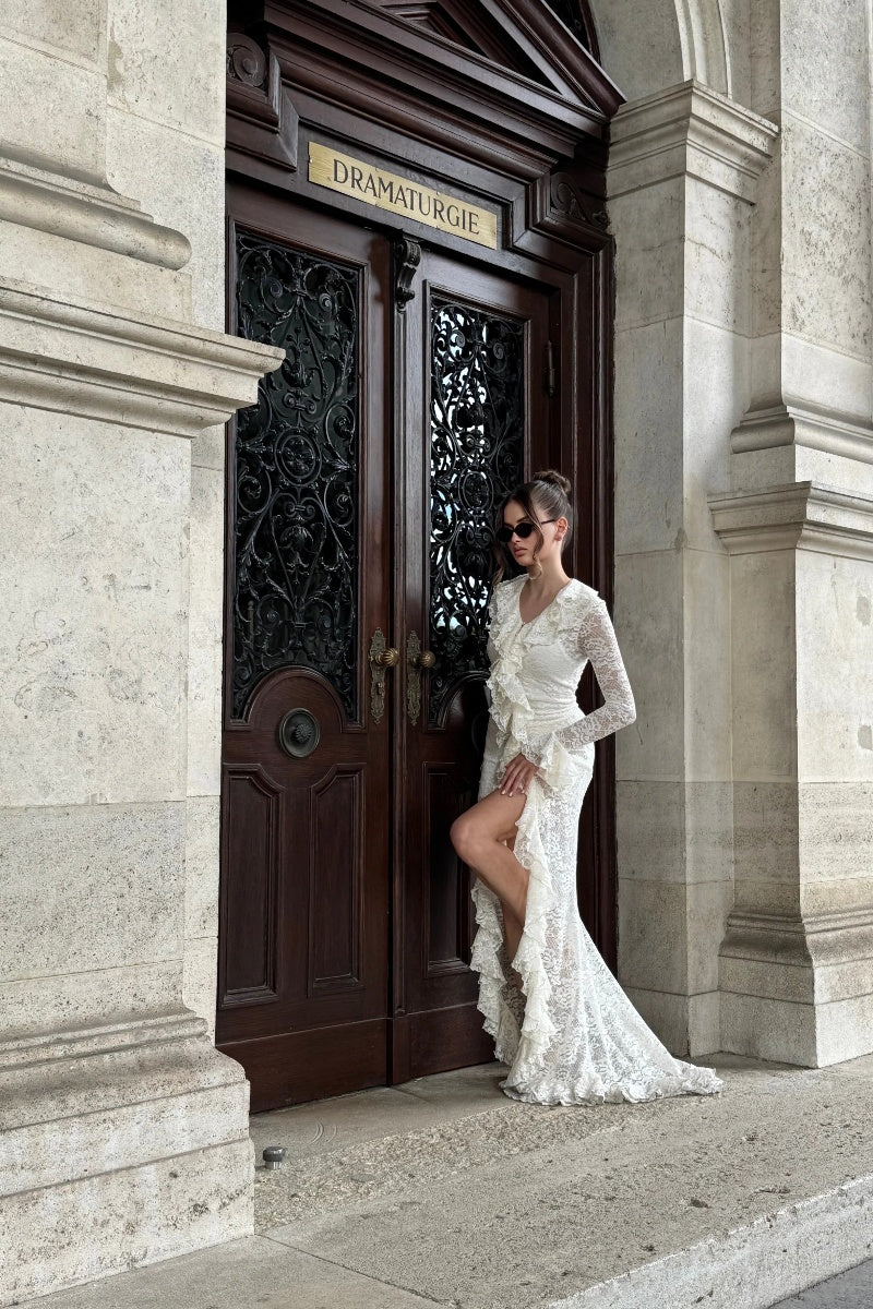 Lace-Paneled High-Waisted Slim-Fit Irregular Maxi Dress