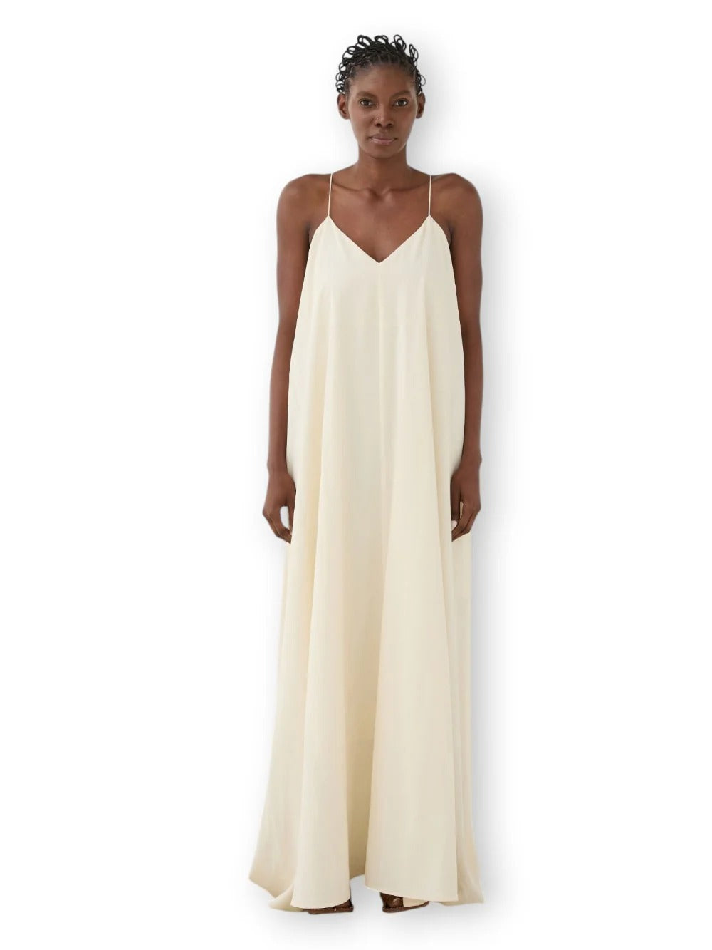 Cream White V-Neck Thin Strap Open Back A-Line Maxi Dress