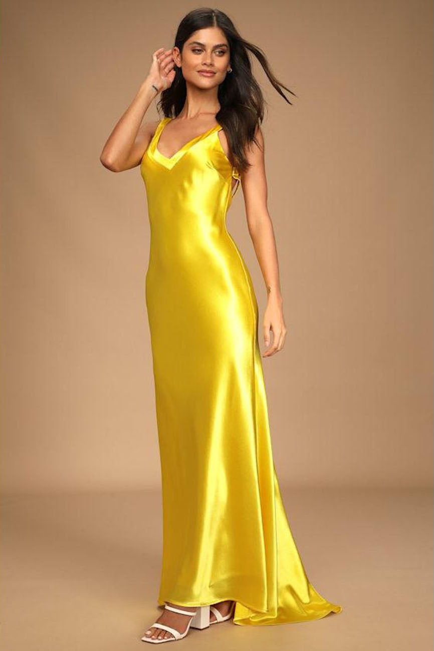 Robe maxi de soirée jaune uni à dos croisé