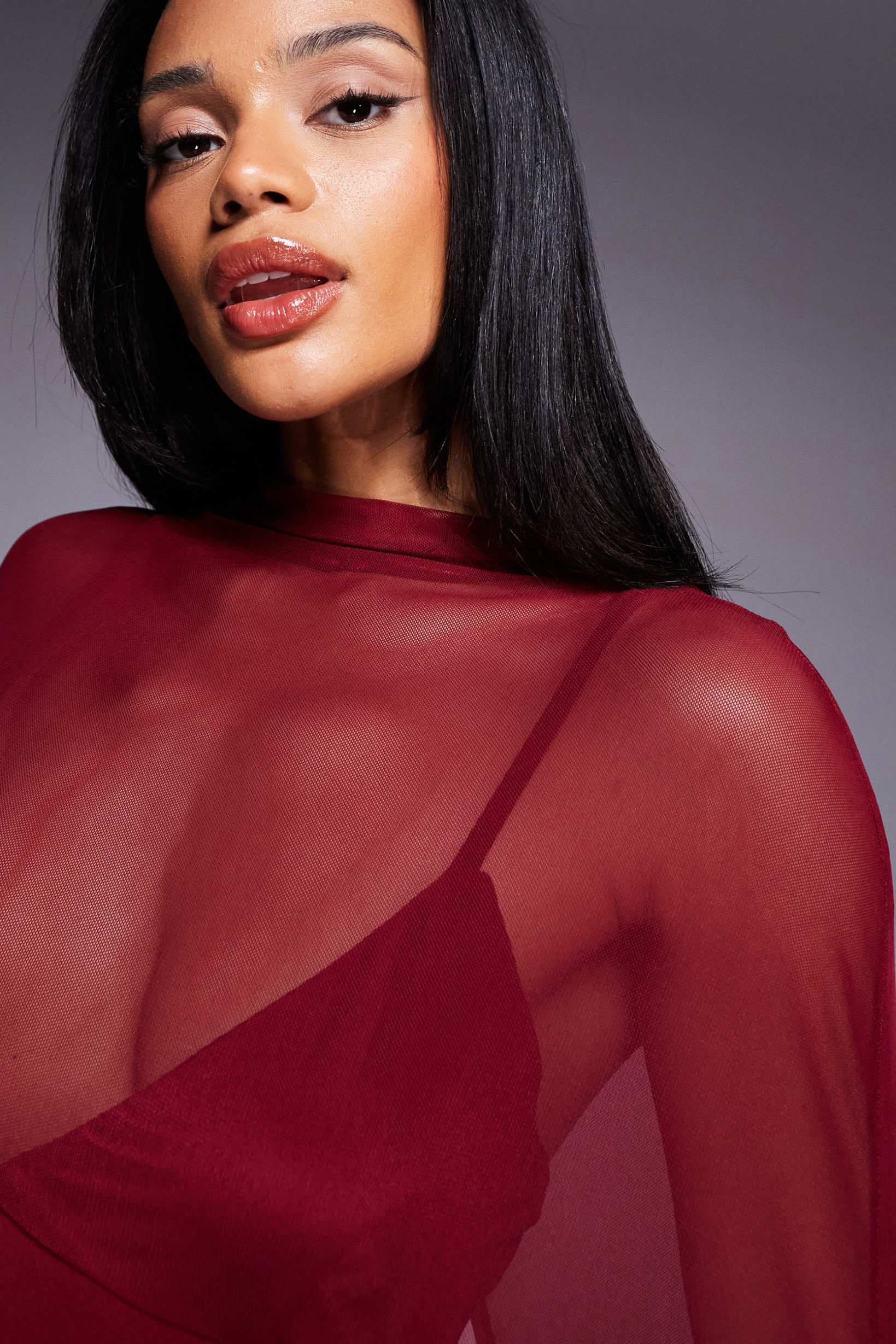 Burgundy Cape-Style Evening Maxi Dress