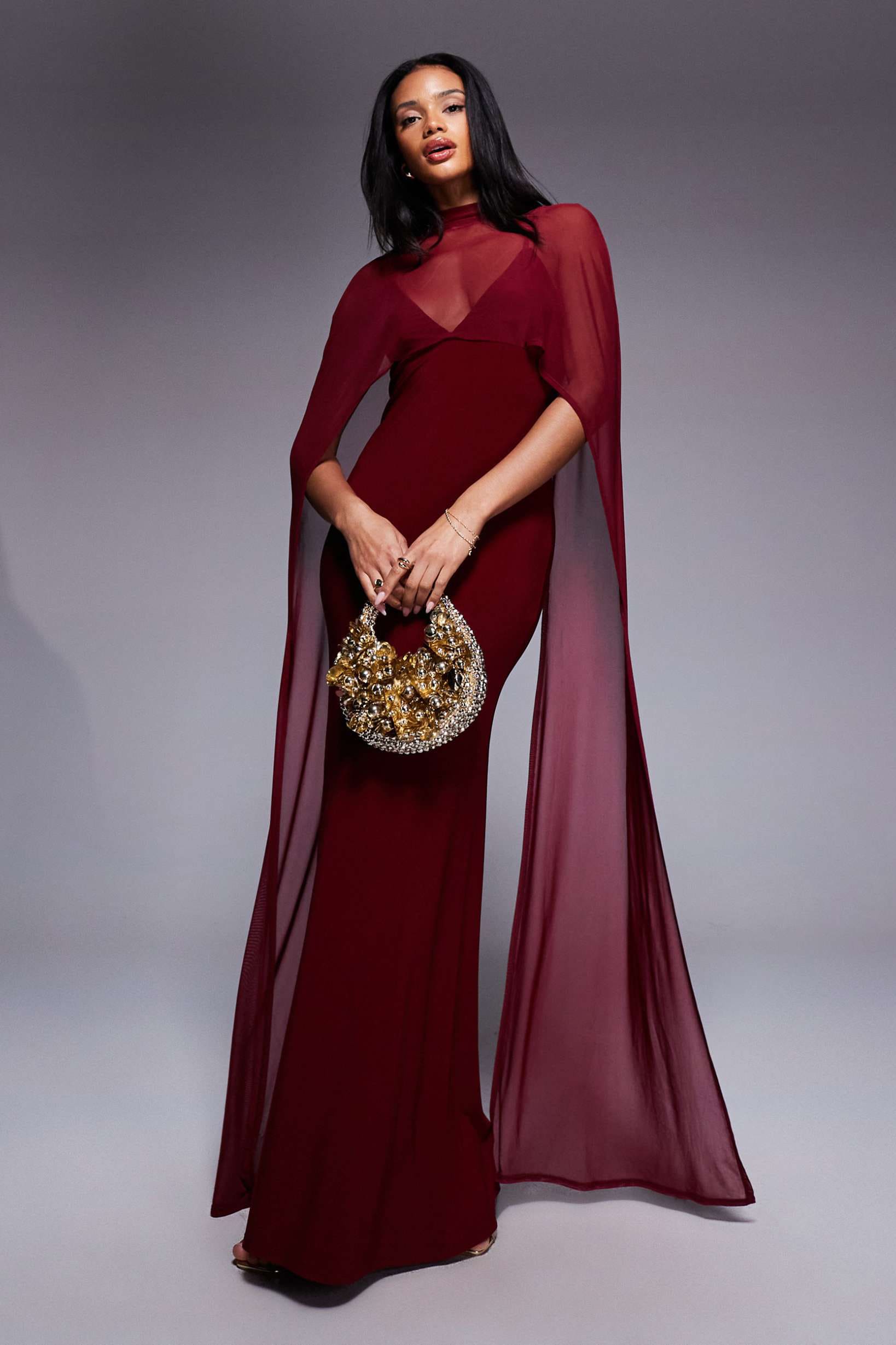 Burgundy Cape-Style Evening Maxi Dress