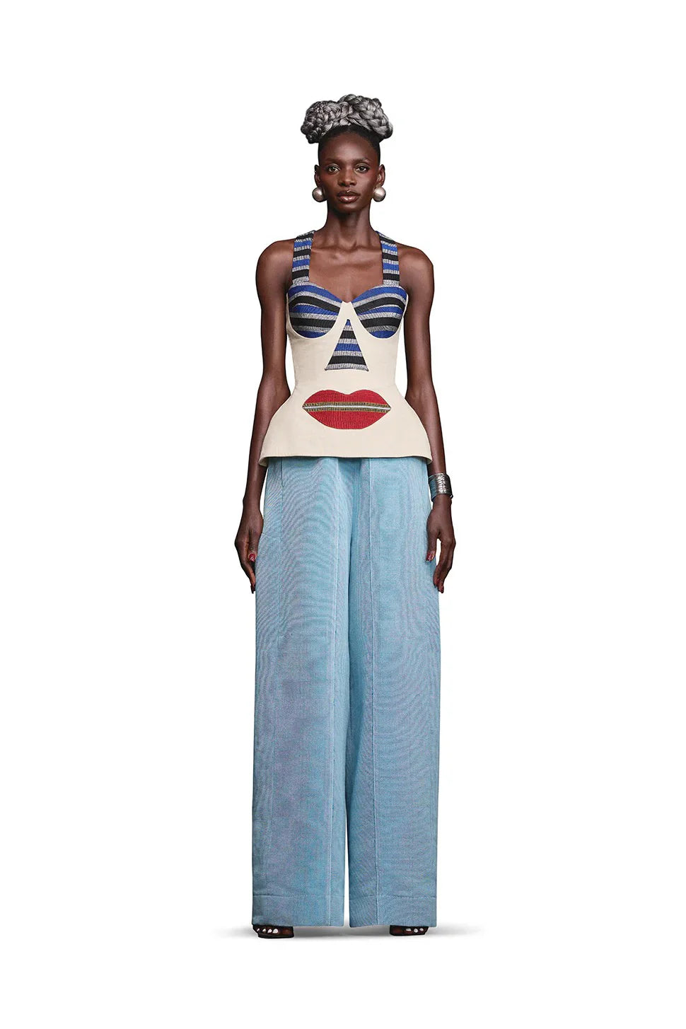 Abstract Face Motif Halter Bustier Top