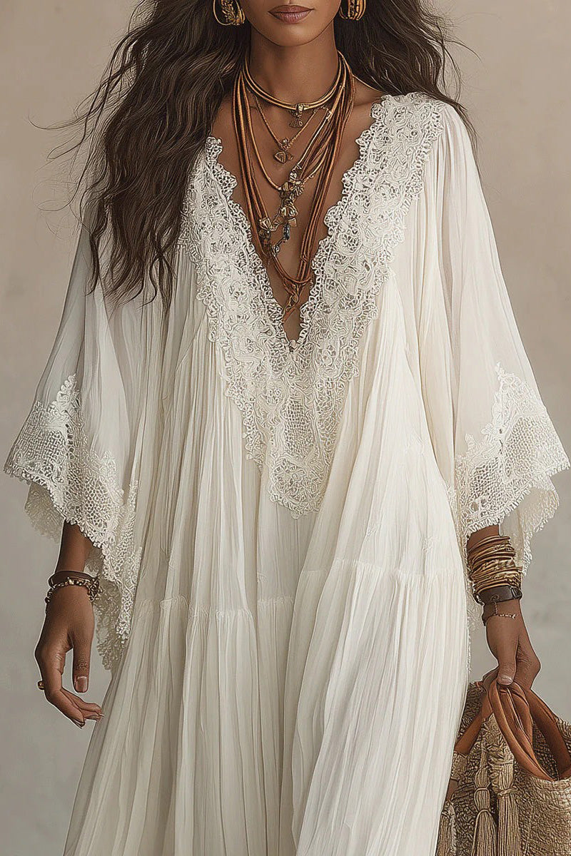 White Lace V-neck Batwing Sleeve Chiffon Maxi Dress