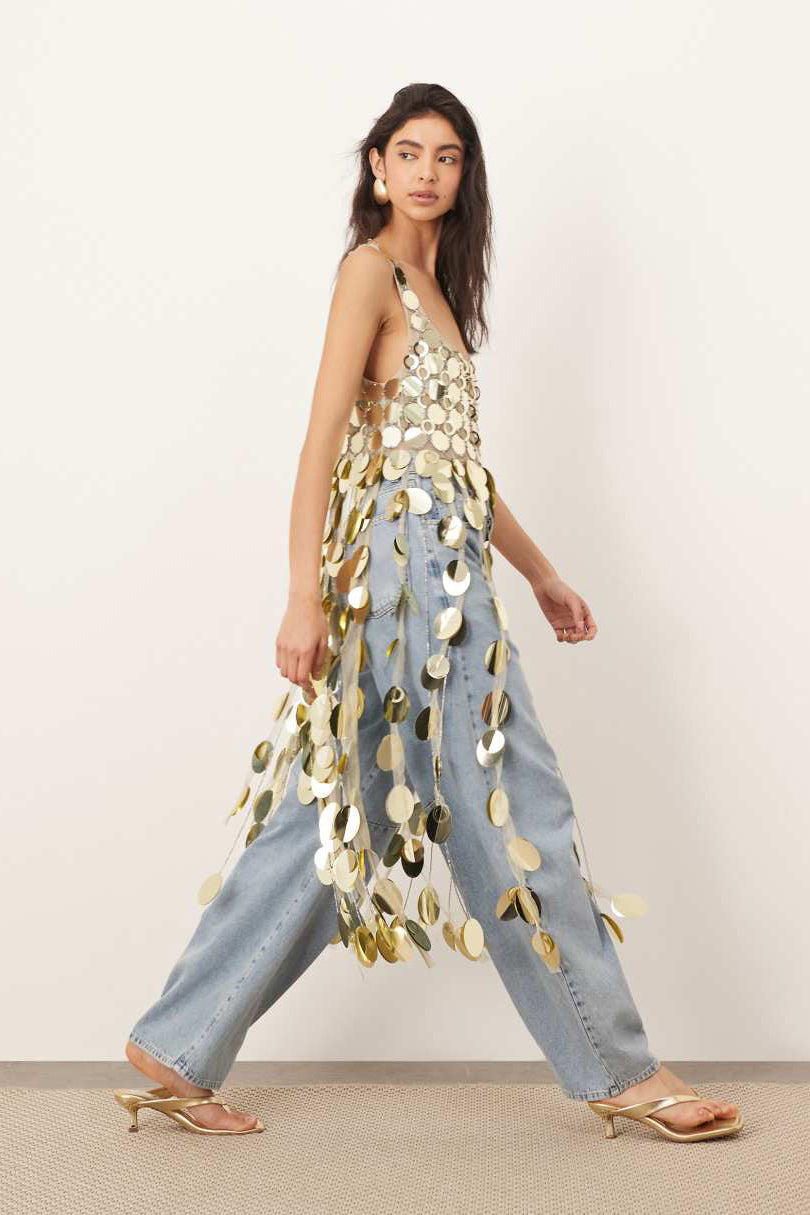 Gold Sequin Crop Top with Long 3D Fringe Hem