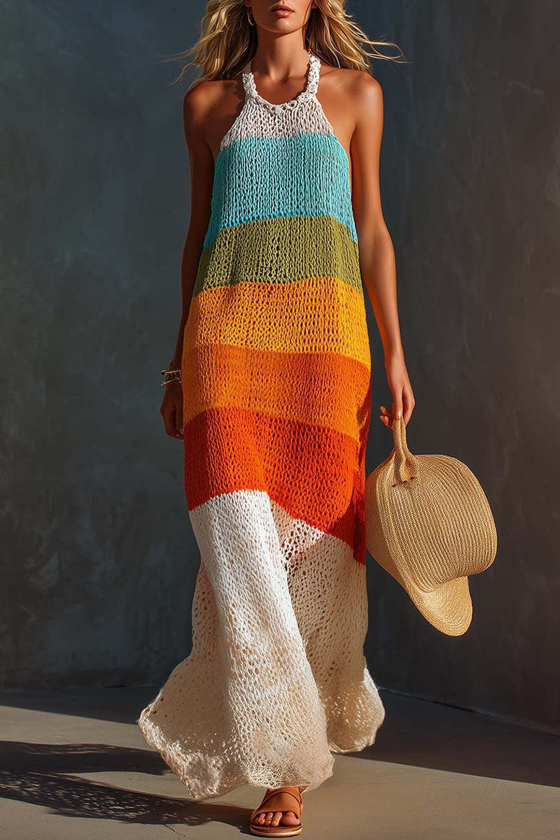 Colorful Halter Stripe Maxi Dress