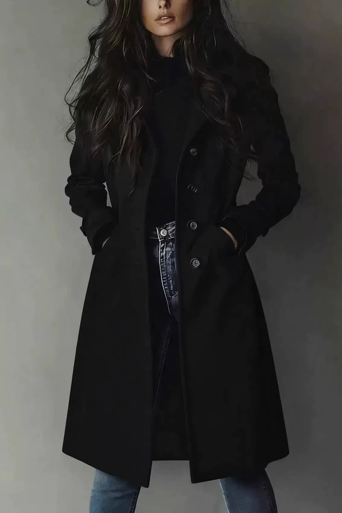 Long Button-Front Trench Coat