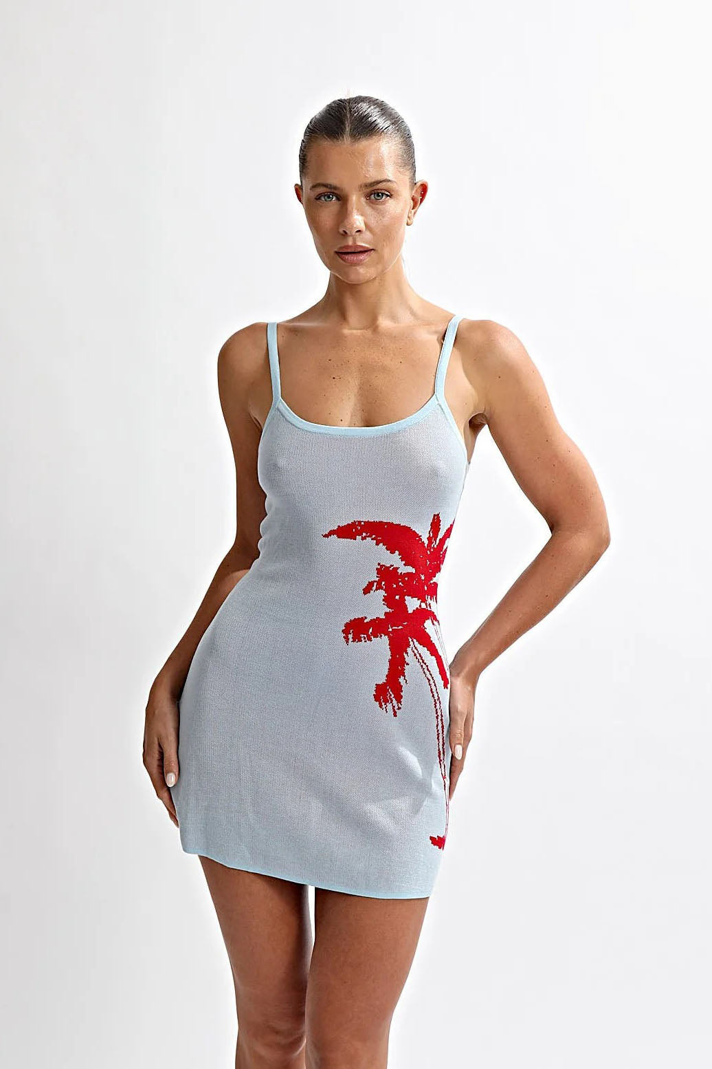 Vestido Mini de Malha com Palmeira Azul Céu